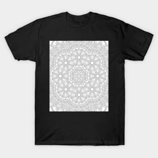 White Over Black Abstract Line Art Flower Pattern T-Shirt